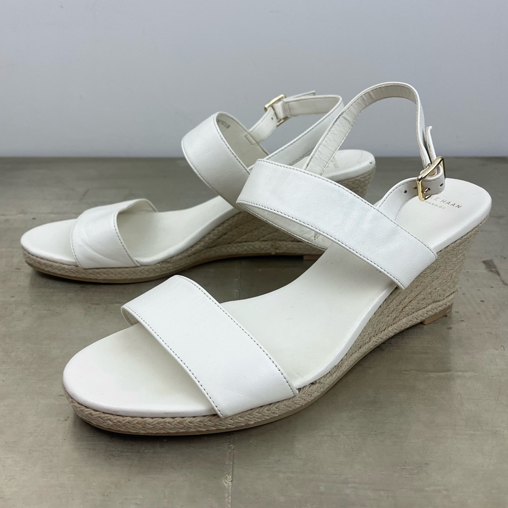 Cole Haan White Leather Espadrille Platform Wedge Sandals